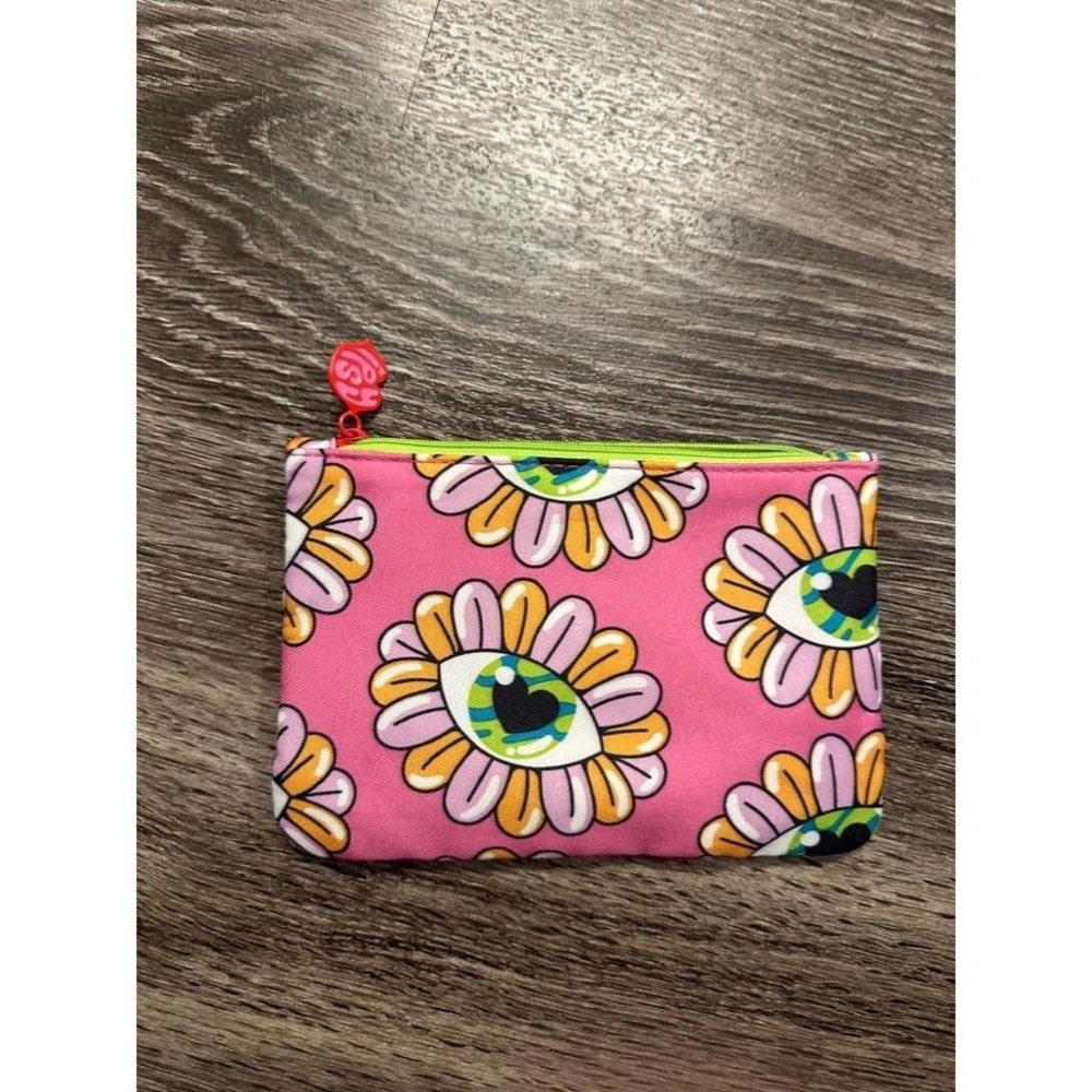 Ipsy Accessories Pink Floral Eye Coin Purse Pouch Heart Zipper Pull Cute